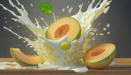 Melon i mleko, eksplozja owoców . Owocowe abstrakcje - obrazy, fototapety, plakaty