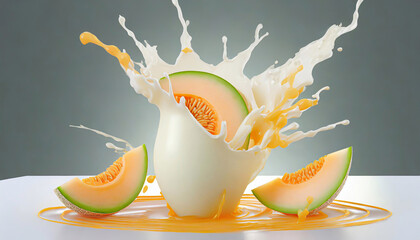 Melon i mleko, eksplozja owoców . Owocowe abstrakcje - obrazy, fototapety, plakaty