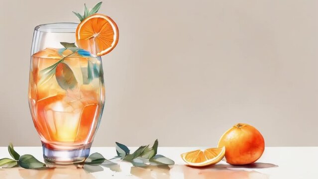 Watercolor hand painted Spritz cocktail glass with orange fruit simple, motion