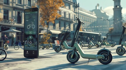 Fleet of eco-friendly scooters and bicycles available for rent in a bustling city square.