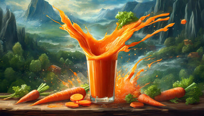 Napój z marchewki, eksplozja warzyw - obrazy, fototapety, plakaty