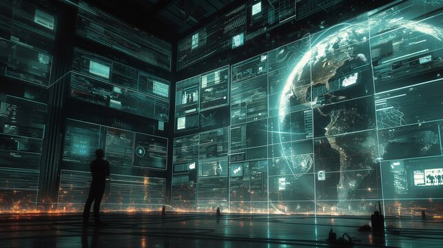  global network operations center with massive screens displaying real-time data flows.