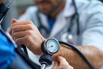Amidst the rush of the outdoor clinic, a determined man in a white coat closely watches his patient's vital signs, his steady hand holding the ticking clock of life in the form of a blood pressure ga