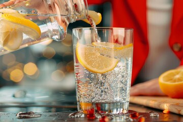 A person adds a splash of tangy citrus to their refreshing beverage, expertly crafting a classic cocktail with freshly squeezed meyer lemon and key lime juice in a stylish barware, as they savor the 