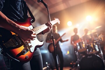 Guitarist playing electric guitar on stage during live music concert. - obrazy, fototapety, plakaty