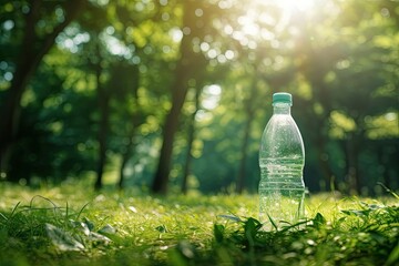 Plastic bottle of water on green grass in the forest with sunlight - obrazy, fototapety, plakaty