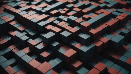 Red Blue Black 3D Blocks Pattern, Abstract Geometric Design, Generative AI