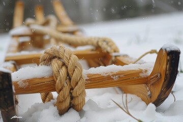 A sturdy wooden sled braves the winter's icy grasp, with a rope tightly bound to guide it through the snowy landscape - obrazy, fototapety, plakaty