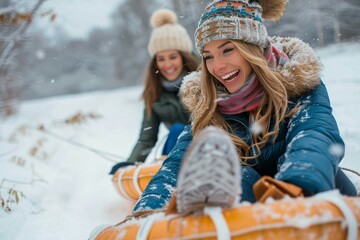 Joyful women brave the freezing winter weather, bundled up in warm clothing and sporting bright smiles as they ride their sleds down a snowy hill with a child, making memories in the great outdoors