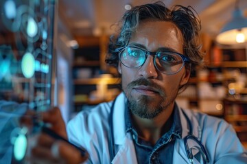 A bearded man in a crisp white coat, glasses perched on his face, carefully writes with his pen as he tends to the vision care needs of those around him in an indoor setting
