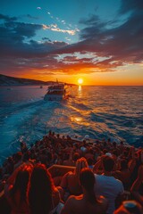 As the sun sets over the ocean, a group of people on a boat drifts peacefully through the colorful sky, their faces filled with wonder and joy