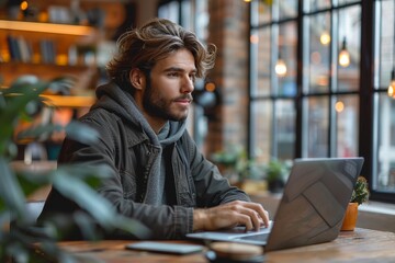 A focused man sits at a sleek table, engrossed in his laptop as he sips his coffee, surrounded by indoor plants and modern furniture