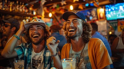 Two men share a lighthearted moment over drinks, their bearded faces lit up with genuine smiles in the cozy indoor atmosphere of a bar - obrazy, fototapety, plakaty