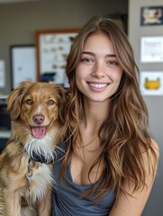 A joyful woman and her loyal canine companion pose against a warm indoor wall, their beaming smiles reflecting the unbreakable bond between human and pet