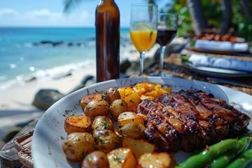 A delectable spread of hearty meat and potatoes, accompanied by a bottle of wine, sits atop a rustic outdoor table overlooking the serene beach, with a side of fresh vegetables and beans completing t
