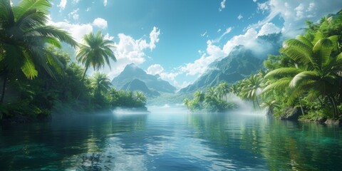Exotic island lake with mist