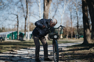 Senior man checking bicycle tire pressure in serene park setting.