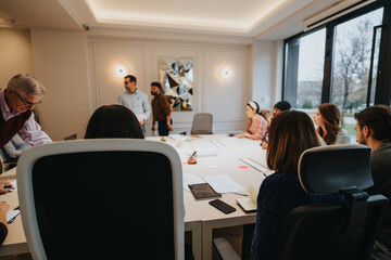 A group of professionals sits around a long table in a bright office. They are actively engaged in a business meeting, discussing and collaborating.