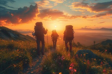 Friends hiking in the mountains at sunset - obrazy, fototapety, plakaty