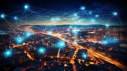 Smart city and wireless communication network over night panoramic cityscape, Generative AI illustrations