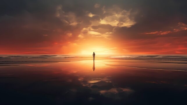 3D render of a man standing in the sea at sunset, Generative AI illustrations.