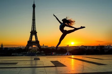 Foto op Canvas Gymnast jumping against the Eiffel Tower at dawn © InfiniteStudio