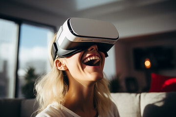 Young Caucasian woman using virtual reality VR set