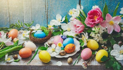Obraz na płótnie Canvas easter eggs and flowers wallpaper spirit of Easter wooden table background, perfectly set for springtime celebrations. Adorned with vibrant flowers and Easter. easter still life wit