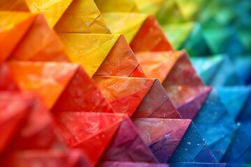 Rainbow triangular pattern background, made of colorful folded paper, with the colors of the rainbow, AI generated art