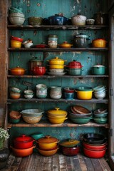 Pots and pans on rustic  kitchen shelves