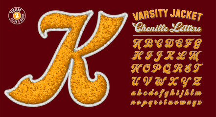 A collection of letters in the style of chenille fabric varsity letterman jacket patches, with a yellow on maroon color scheme.