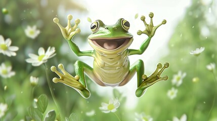 Leap day, 29 February 2024 greeting card with cute jumping Green Frog and Happy Leap Day text. Leap year, one extra day - obrazy, fototapety, plakaty