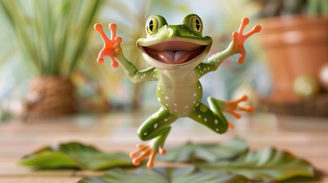 Leap day, 29 February 2024 greeting card with cute jumping Green Frog and Happy Leap Day text. Leap year, one extra day