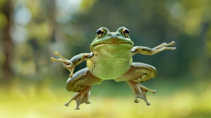Leap day, 29 February 2024 greeting card with cute jumping Green Frog and Happy Leap Day text. Leap year, one extra day - obrazy, fototapety, plakaty