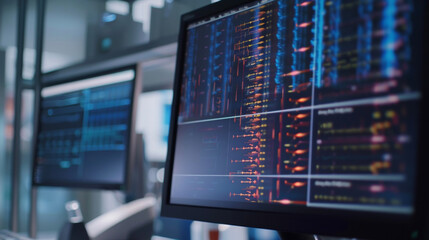 A closeup of a computer screen showing the visualization of a patients genome allowing for precise identification of genetic mutations and variations