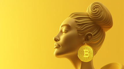 Golden bust of a woman with a detailed hairstyle and a Bitcoin earring. Banner, copy space. Cryptocurrency wealth concept.
