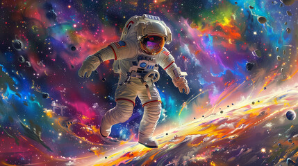 Astronaut floating in vivid swirling cosmic nebula of purples, blues and oranges amidst stars and planets, depicting surreal psychedelic outer space dreamscape - obrazy, fototapety, plakaty