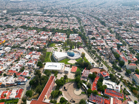 Cityscape Marvel: Drone View of Guadalajara Planetarium and Miraflores neighborhood