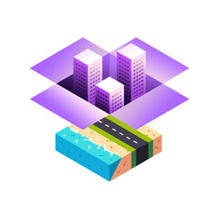 Isometric box illustration with charming hotel buildings and beaches. Suitable for design needs related to hotel and holiday business. Vector template