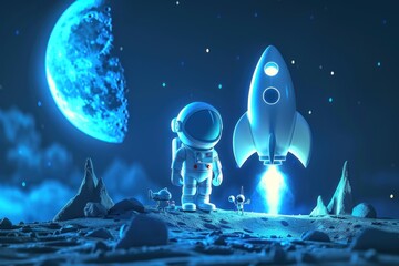 3d cartoon of astronaut and rocket with moon. Generative AI. - obrazy, fototapety, plakaty