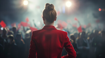 Blonde politician in a red jacket. A woman confidently stands in front of a diverse crowd of people, addressing them with determination. The concept of women in politics or business, feminism. - obrazy, fototapety, plakaty