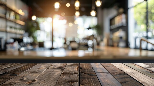 Empty beautiful wood table top counter and blur bokeh modern coffee interior background in clean and bright,Banner, Ready for product montage - generative ai