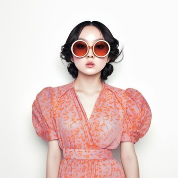 Pretty Young Korean Woman in Oversized Sunglasses and Maxi Dress photo on white isolated background
