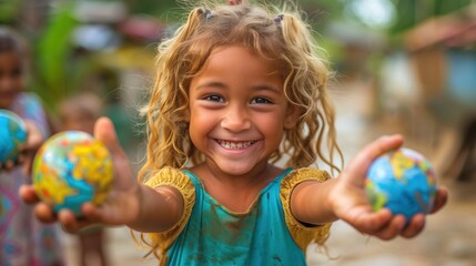 Young girl holding globes with a bright smile, learning and education concept with a focus on global awareness and diversity