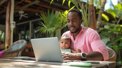Focused father working on laptop with baby in lap in a tropical home office, depicting the concept of remote work and family life balance