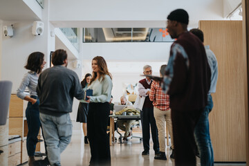 A contemporary office scene with diverse professionals networking. Men and women in casual attire engage in conversation, fostering teamwork and collaboration.