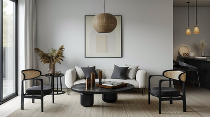 Modern living room with couch and frame mock up wall background. Generative AI