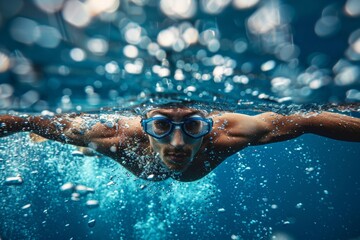 man wearing goggles swimming in the pool