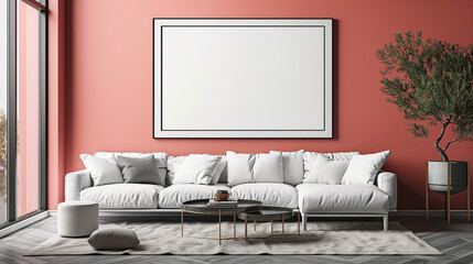 Modern living room with couch and frame mock up wall background. Generative AI