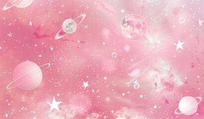 Fototapeta premium A pink background featuring various planets and stars scattered throughout, creating a celestial and astronomical scene. Backdrop, wallpaper.